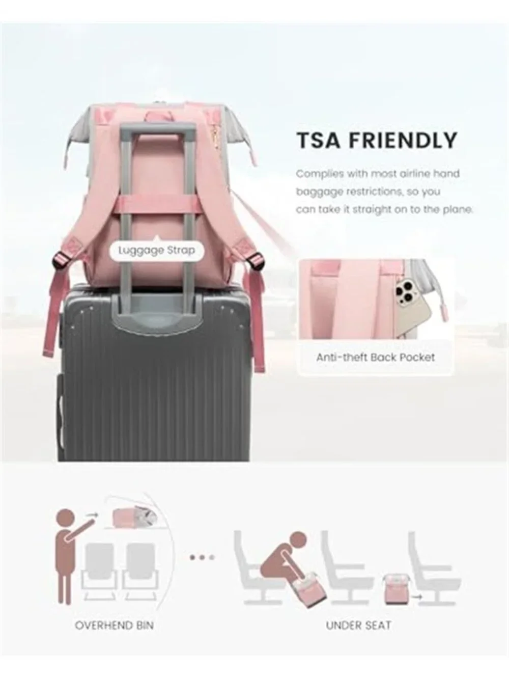 Womens Large Laptop Backpack 17 Inch Travel Work Bag USB Port Grey Pink 2PC